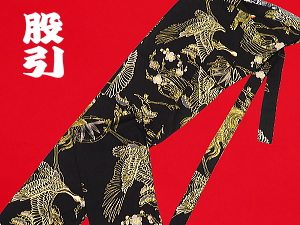 義若オリジナルの股引き　鯉の滝昇り　金彩鶴亀（黒金）